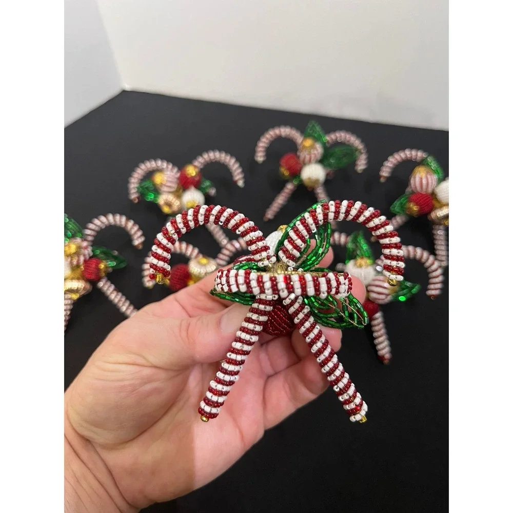 Vintage Christmas Beaded Candy Cane Napkin Rings Set of 6 Red White Green Holly